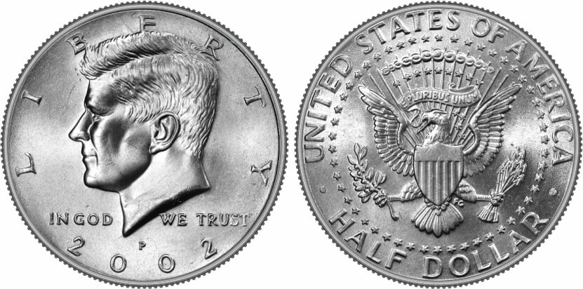 2002 Kennedy Half Dollar obverse and reverse showing mint mark and full design