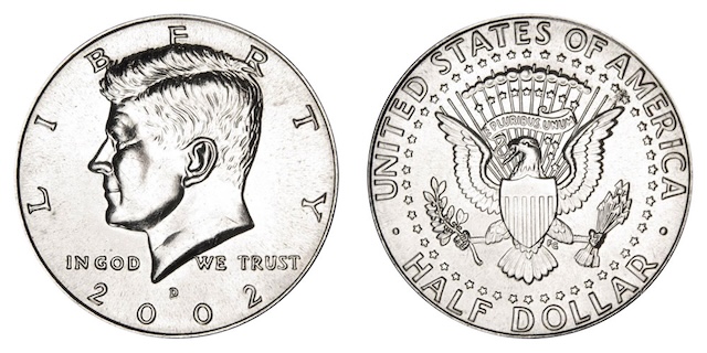 Side-by-side comparison of 2002-D Kennedy half dollar MS63 with cheek marks versus gem MS67 with clean surfaces