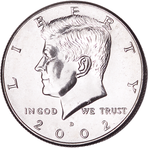 2002-D Kennedy half dollar obverse showing doubled die doubling on LIBERTY inscription