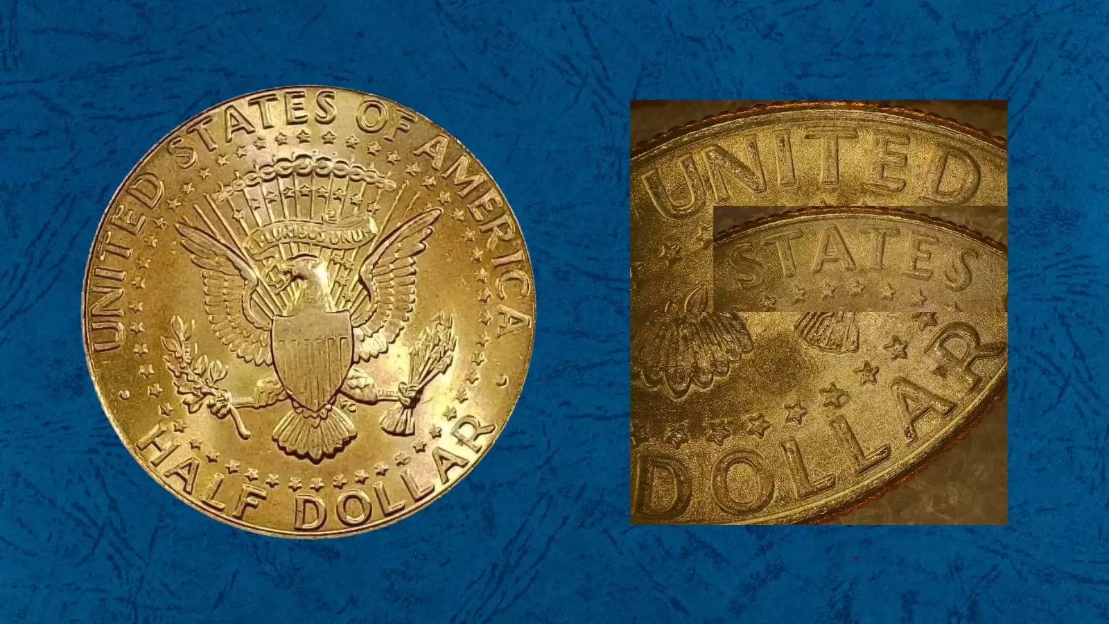 2002-D Kennedy half dollar reverse showing doubled die on UNITED STATES OF AMERICA legend