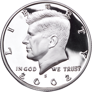 2002-S Silver Proof Kennedy half dollar obverse showing Spiked Head die crack at 12 o'clock